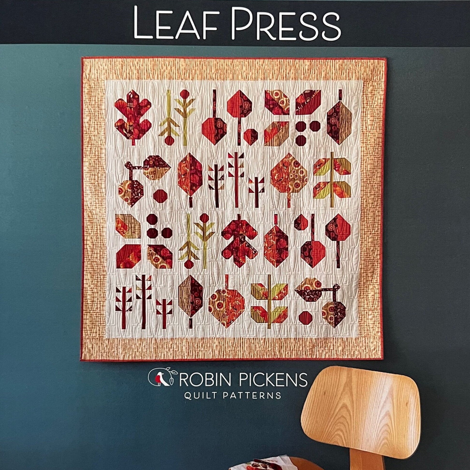 Leaf Press Quilt Pattern, Robin Pickens RPQP-LP150, Fat Eighths F8 Friendly, Autumn Fall Leaves Square Lap Throw Baby Wall Quilt Pattern