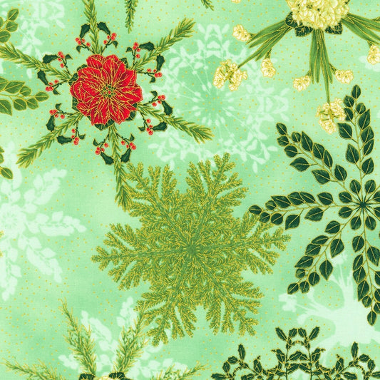Holiday Flourish Snow Flowers - Mint Floral Snowflake Fabric, Robert Kaufman SRKM-21596-32 Mint, Christmas Xmas Quilt Fabric By the Yard