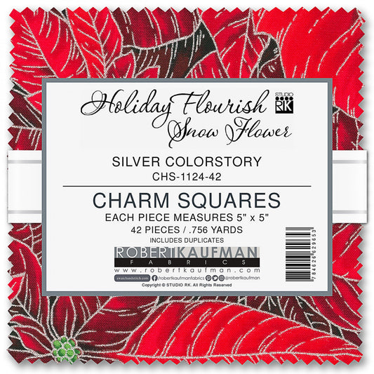 Holiday Flourish Snow Flower Silver Charm Squares, Robert Kaufman CHS-1124-42, Red Gray Metallic Christmas Xmas Fabric