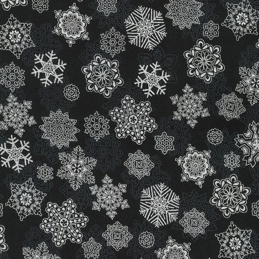Holiday Flourish Snow Flowers - Black Silver Metallic Snowflakes Fabric, Robert Kaufman SRKM-21603-181 Onyx, Snowflake Fabric, By the Yard