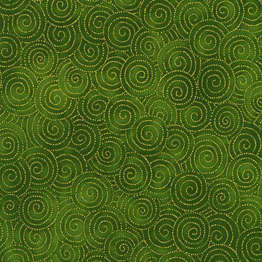 Green Gold Swirl Fabric, AXUM-21613-45 Moss, Jeweled Leaves Mottled Green with Metallic Gold Spirals Quilt Blender Fabric, Robert Kaufman