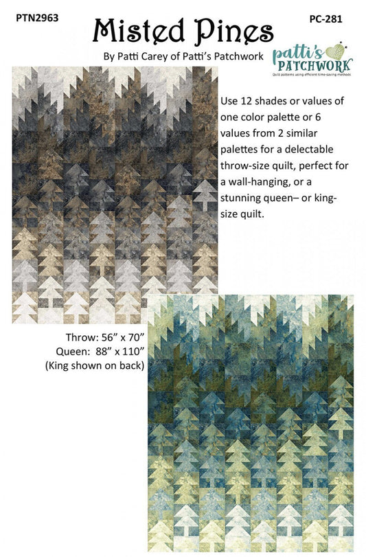 Misted Pines Quilt Pattern, Patti's Patchwork PC-281, Monochromatic Trees Mountains Quilt Pattern, Throw Queen King Quilt Pattern