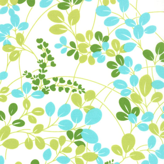 REMNANT 1 Yard 18" of Simply Color - Lime Aqua White Vine Leaf Fabric, Moda 10801-21, Cotton Quilt Fabric, V and Co