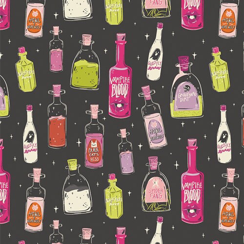 Spooky N Witchy - Liquid Magic Sour Halloween Potions Bottles on Black Fabric, Art Gallery Fabrics SNS13053, By the Yard