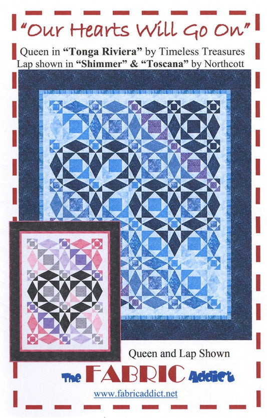 Our Hearts Will Go On Quilt Pattern, The Fabric Addict OHWGO15, Yardage Friendly Storm at Sea Heart Lap Queen Bed Quilt Pattern, Bialik