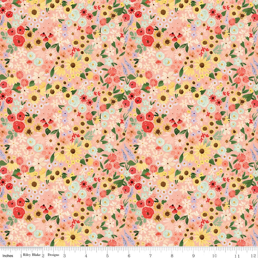 Homemade 10" Stacker, Riley Blake 10-13720-42, Pink Peach Green Yellow Summer Floral Bees Quilt Fabric Squares, Echo Park