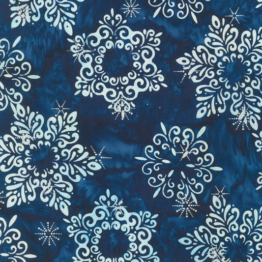 Winter Wonderland - Navy Blue White Silver Snowflakes Batik Fabric, Robert Kaufman AMDM-22065-77 Blueberry, Artisan Batik Fabric By the Yard