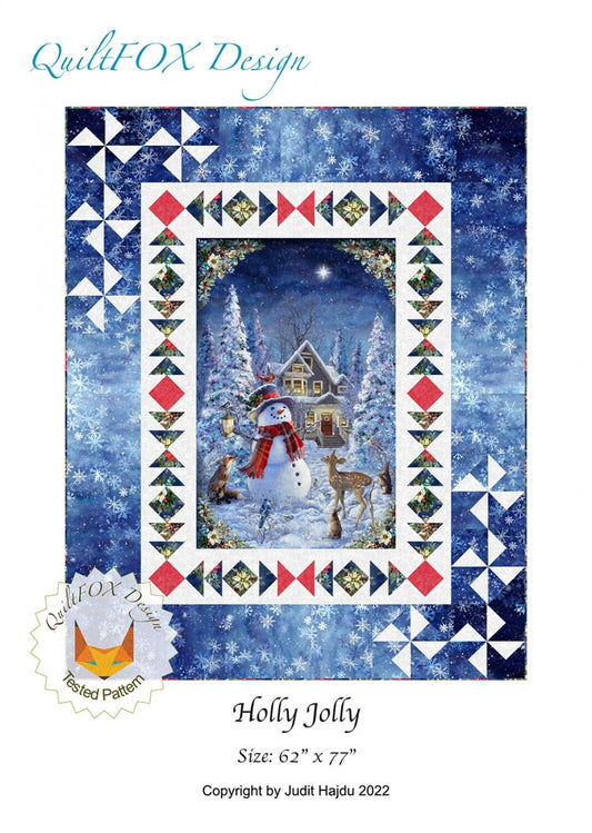 Holly Jolly Quilt Pattern, QuiltFOX QFOX271, Fabric Panel Friendly Throw Quilt Pattern, Panel Frame Pattern, Pinwheels Flying Geese Frame