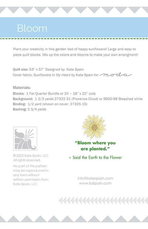 Bloom Quilt Pattern, Kate Spain KS2301, 24 Fat Quarter FQ Friendly Pattern, Sunflowers Flower Lap Throw Quilt Pattern