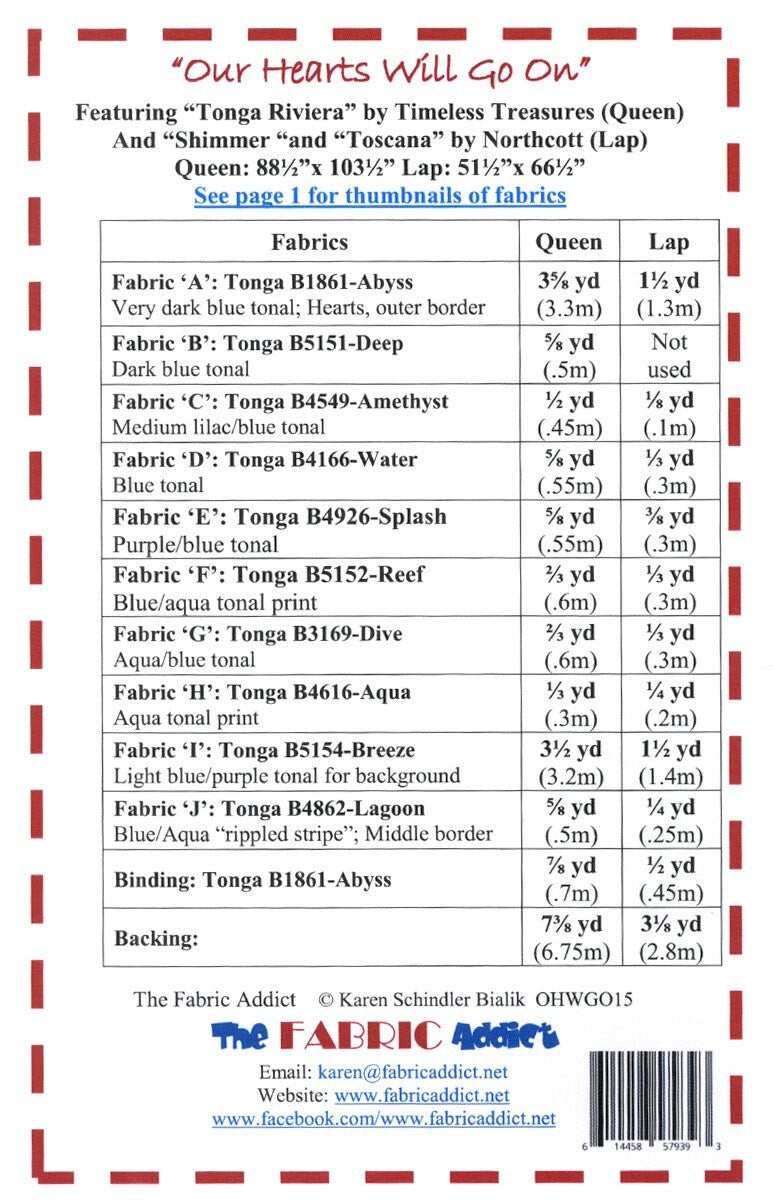 Our Hearts Will Go On Quilt Pattern, The Fabric Addict OHWGO15, Yardage Friendly Storm at Sea Heart Lap Queen Bed Quilt Pattern, Bialik
