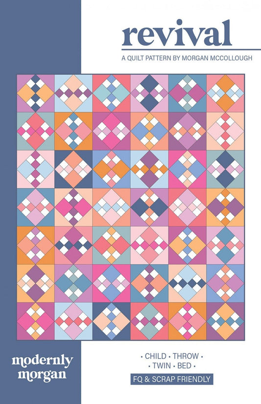 Revival Quilt Pattern, Modernly Morgan MM021, Fat Quarter FQ Friendly Pattern, Four 4 Patch Baby Throw Twin Bed Quilt Pattern, McCollough