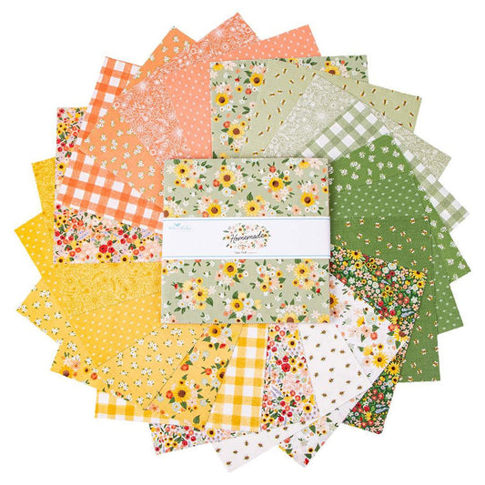 Homemade 10" Stacker, Riley Blake 10-13720-42, Pink Peach Green Yellow Summer Floral Bees Quilt Fabric Squares, Echo Park