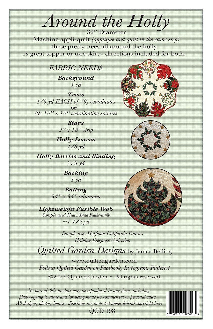Around the Holly Quilt Pattern, Quilted Garden Designs QGD198, Christmas Trees Table Topper or Tree Skirt Pattern, Applique Quilt Pattern