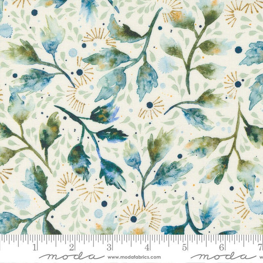 Desert Oasis - Teal Green Watercolor Leaves on Cream Fabric, Moda 39769 11 Cloud River, Leaf Cotton Quilt Fabric, Create Joy, By the Yard