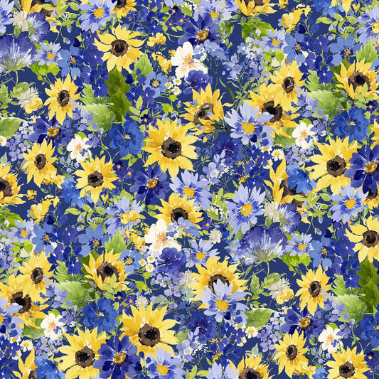Sunflower Bouquets - Digital Packed Flowers on Blue Fabric, Clothworks Y3909-30 Dark Blue, Floral Quilt Fabric, Heatherlee Chan, By the Yard