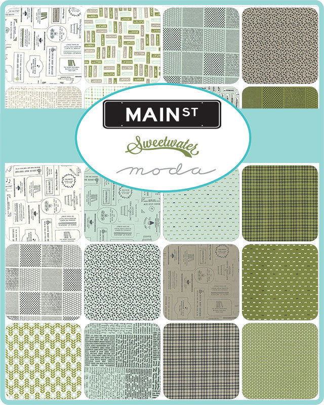 Main St Layer Cake, Moda 55640LC, 10" Precut Fabric Squares, Green Aqua Blue Black Gray Gender Neutral Layer Cake Fabric, Sweetwater
