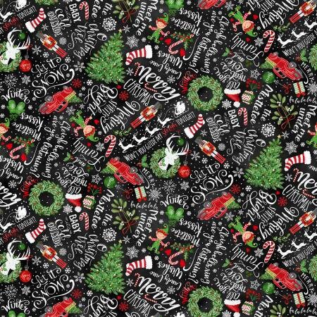Christmas Chalkboard Fabric, Timeless Treasures GAIL-CD1481 Black, Holiday Chalkboard Words Cotton Xmas Fabric, By the Yard