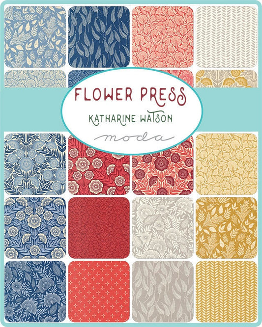 Flower Press Charm Pack, Moda 3300PP, Red Blue Green Yellow Floral Charm Pack Fabric, 5" Inch Precut Fabric Squares, Katharine Watson