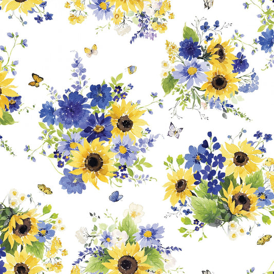 Sunflower Bouquets - Digital Tossed Bouquets on White Fabric, Clothworks Y3908-1 White, Yellow Blue Sunflowers Floral Fabric, By the Yard