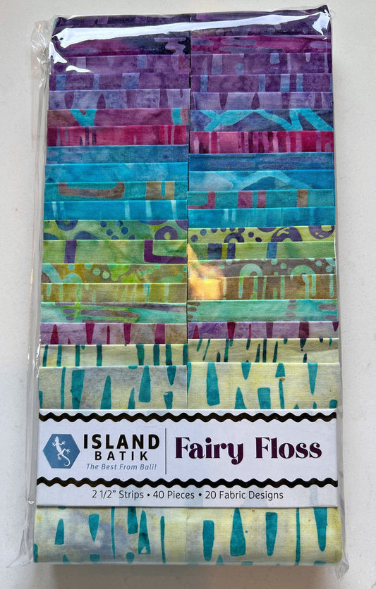 Fairy Floss Strip Pack, Island Batik, Batik Jelly Roll, 2.5" Inch Precut Fabric Strips, Purple Teal Green Geometric Batik Fabric Strips