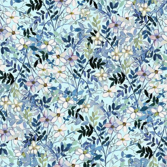 Blue Meadow - Digital Daisies Floral Fabric, Clothworks Y3932-29 Light Blue, Watercolor Floral Digital Print Fabric, Sue Zipkin, By the Yard