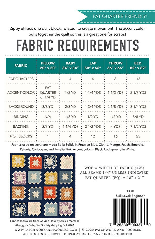 Zippy Quilt Pattern, Patchwork and Poodles PNP-110, Fat Quarter FQ Scrap Yardage Friendly, Star Pillow Baby Lap Throw Bed Quilt Pattern