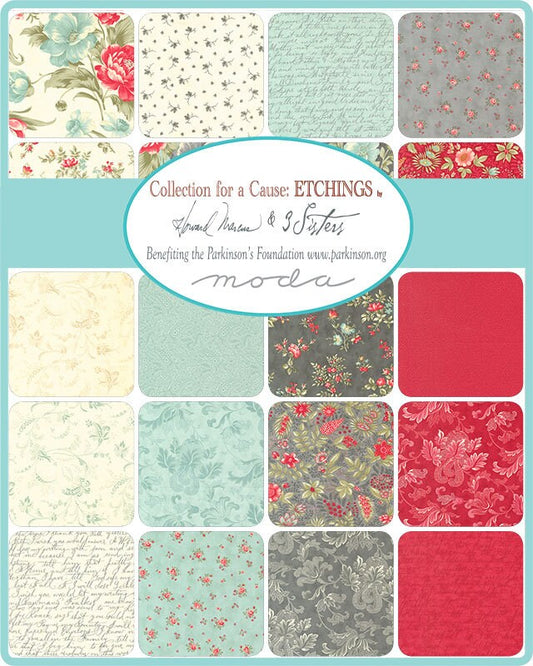 Etchings Charm Pack, Moda 44330PP, Collections for a Cause, Romantic Floral 5" Inch Precut Fabric Charm Squares, Howard Marcus