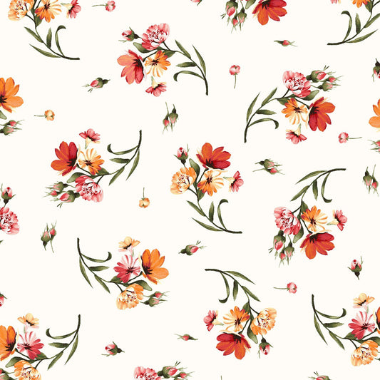 Harvest Rose - Tossed Fal Flowers Cream FLANNEL Fabric, Maywood Studio MASF10632-E, Off White Cream Ecru Floral Flannel Fabric, By the Yard