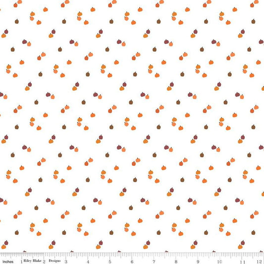 Fall Autumn Harvest Pumpkin Polka Dot Fabric, Riley Blake C652 White, Tiny Pumpkins White Cotton Quilt Background Fabric, By the Yard