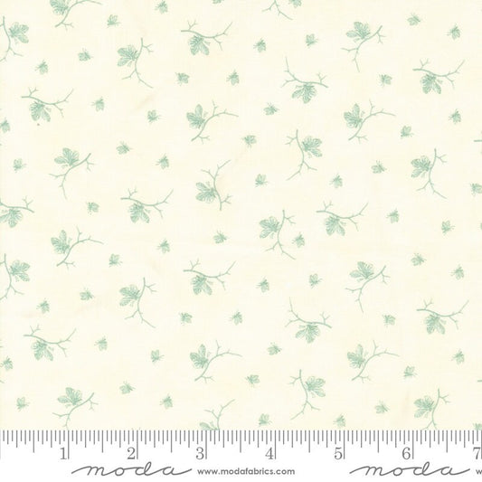 Etchings - Small Blue Leaf on Twig Cream Low Volume Fabric, Moda 44338 21 Aqua Parchment, 3 Sisters Howard Marcus, By the Yard