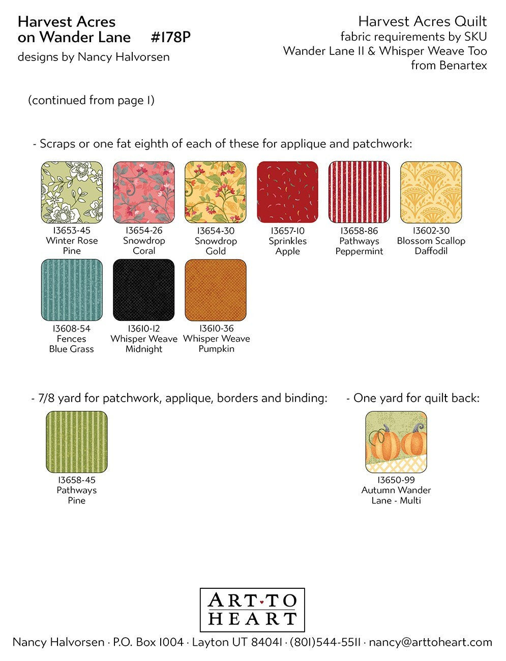 Harvest Acres On Wander Lane Quilt Pattern Projects Book 11, Art to Heart ATH178P, Autumn Fall Sewing Quilting Projects, Nancy Halvorsen