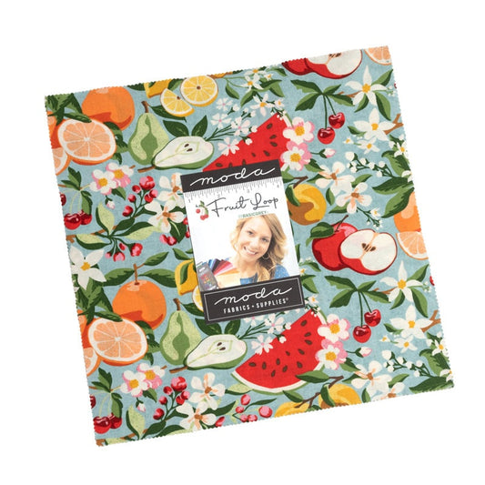 Fruit Loop Layer Cake, Moda 30730LC, Bright Fruit Apples Floral Layer Cake Fabric, 10" Inch Precut Fabric Squares, BasicGrey