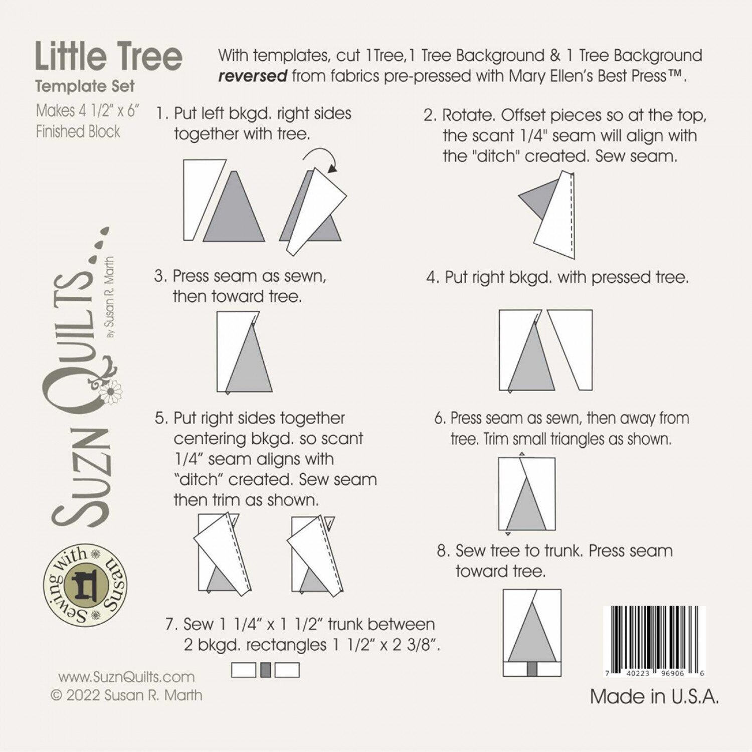 Suzn Quilts Little Tree Template, Suzn Quilts SUZ386, Acrylic Triangle in a Square Quilting Template Ruler, Christmas Tree Template