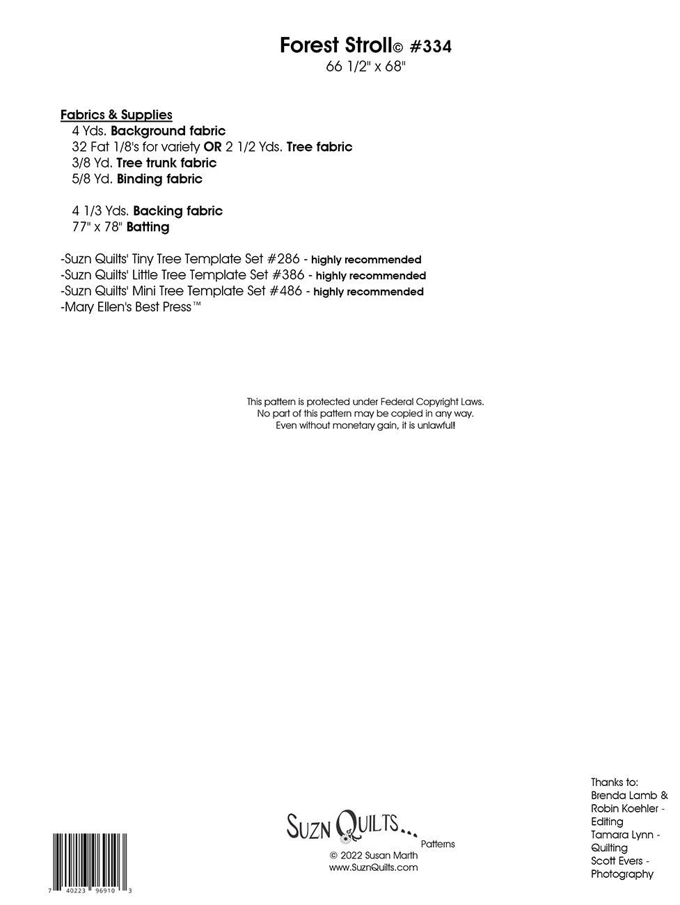 Forest Stroll Quilt Pattern, SUZ334, Fat Eighths Eights F8 Yardage Scrap Friendly Pine Trees Woodland Throw Quilt Pattern, Suzn Quilts