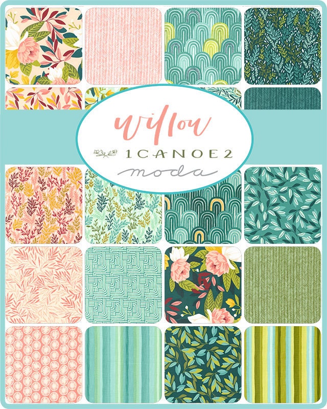 Willow Layer Cake, Moda 36060LC, 10" Inch Precut Fabric Squares, PInk Green Teal Yellow Floral Layer Cake, One Canoe Two 1Canoe2