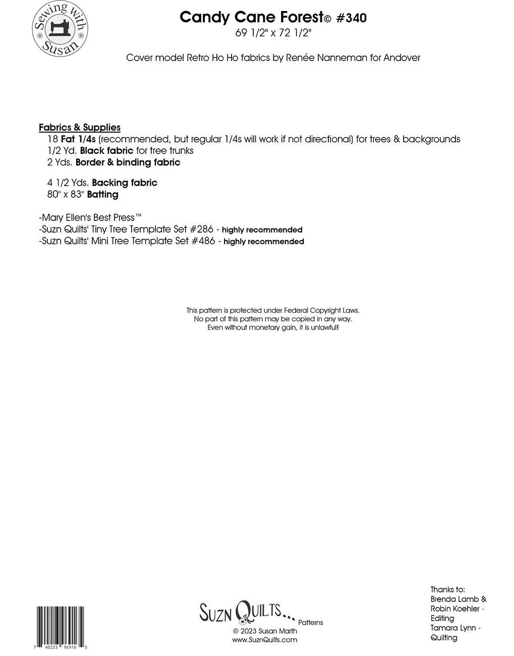 Candy Cane Forest Quilt Pattern, Suzn Quilts SUZ340, Fat Quarter FQ Yardage Friendly Christmas Xmas Pine Trees Woodland Throw Quilt Pattern