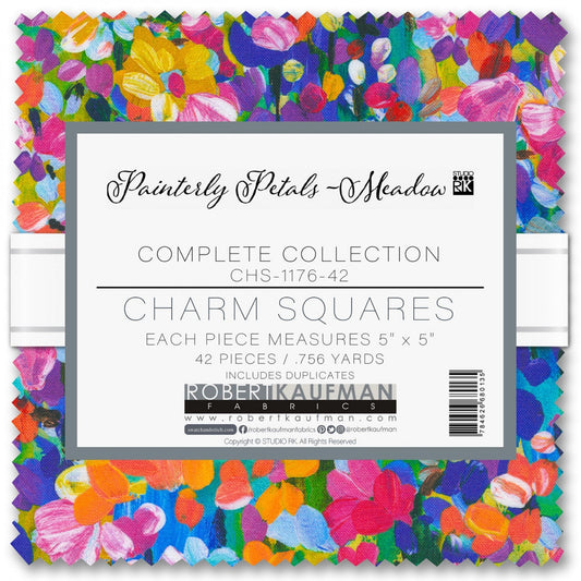 Painterly Petals Meadow Charm Squares, Robert Kaufman CHS-1176-42, 5" Inch Precut Fabric Squares, Bright Modern Floral Fabric