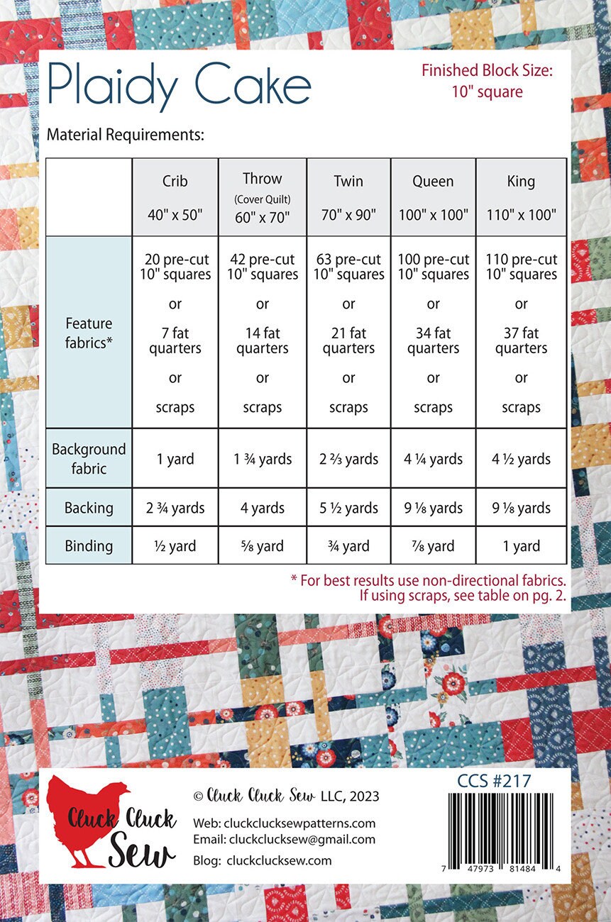 Plaidy Cake Quilt Pattern, Cluck Cluck Sew CCS217, Layer Cake Fat Quarter Scrap Friendly Plaid Throw Baby Twin King Queen Bed Quilt Pattern