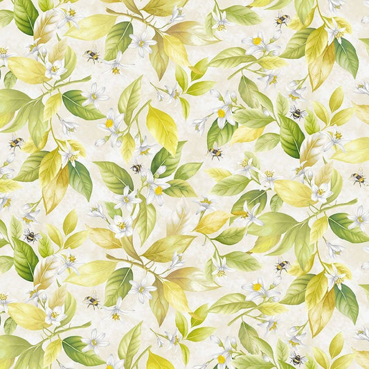 108" Lemon Bouquet - Blossoms Bees Wide Quilt Back Fabric, Timeless Treasures XFRUIT-CD2455 Beige, Leaves Quilt Backing Fabric, By the Yard