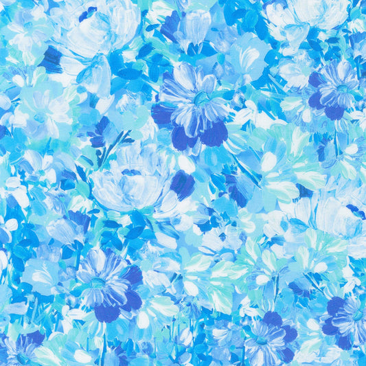 Painterly Petals Meadow - Blue Watercolor Tonal Petals Fabric, Robert Kaufman SRKD-22274-BLUE, Blue Watercolor Floral Fabric, By the Yard