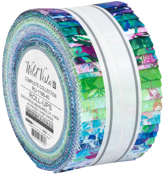 Wild Vista Roll Up, Robert Kaufman RU-1198-40, 2.5" Inch Precut Fabric Strips, Blue Green Pink Abstract Floral Quilt Fabric