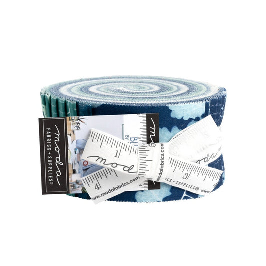 Bluebell Jelly Roll, Moda 16960JR, Blue Green Cyanotype Leaves Leaf Shadows Fabric, 2.5" Inch Quilt Fabric Strips, Janet Clare