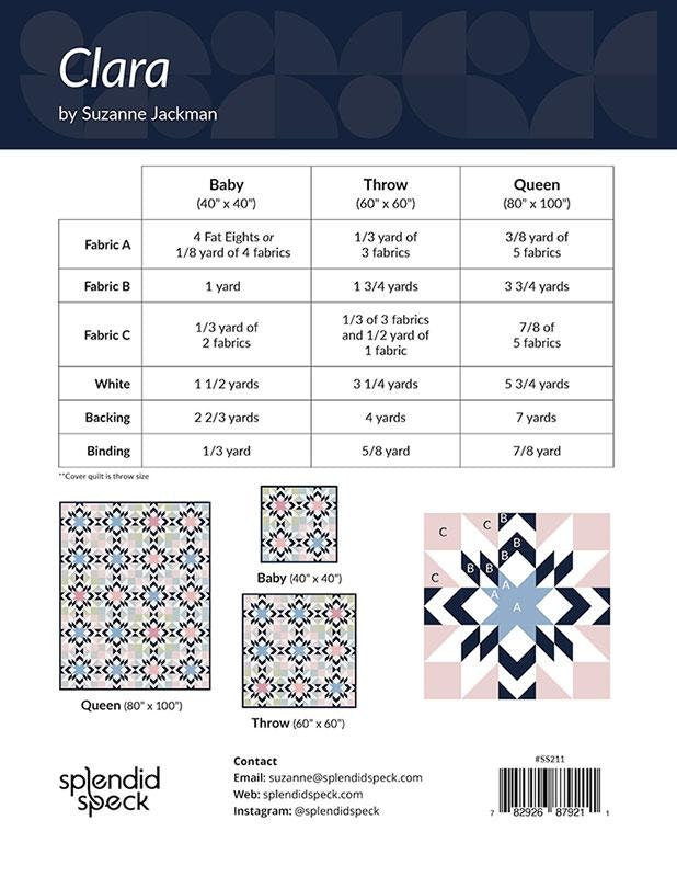Clara Quilt Pattern, Splendid Speck SS211, Fat Eighths Yardage Friendly Baby Throw Queen Bed Quilt Pattern, Suzanne Jackman