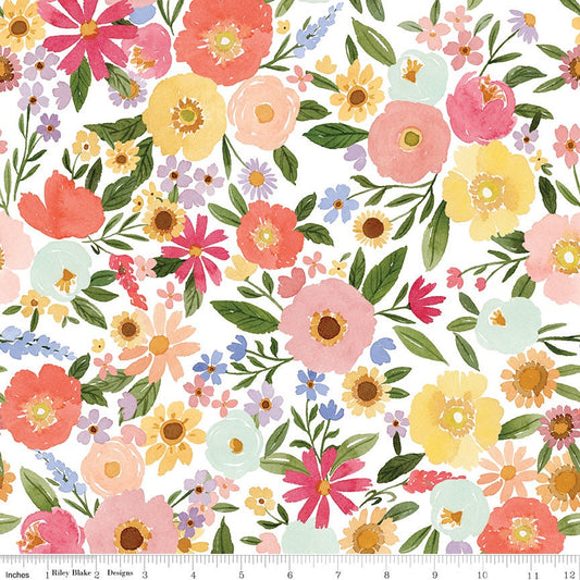 Flora No 6 - Main Pastel Floral Fabric, Riley Blake C14460-Cloud, Multicolored Floral Cotton Fabric, Echo Park Paper Co