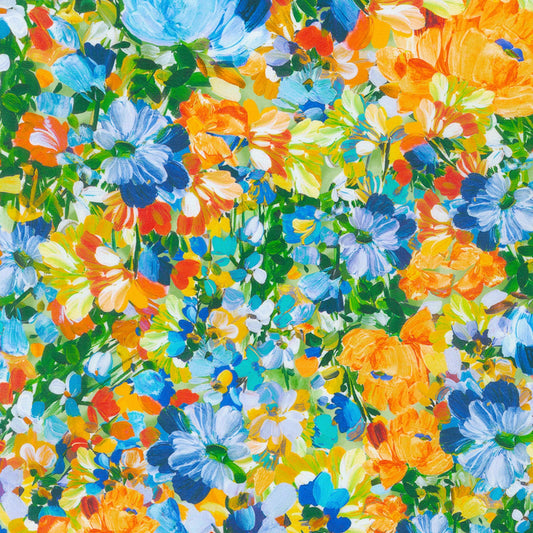 Painterly Petals Meadow - Watercolor Petals Floral Fabric, Robert Kaufman SRKD-22274-268 Nature, Blue Yellow Floral Fabric, By the Yard
