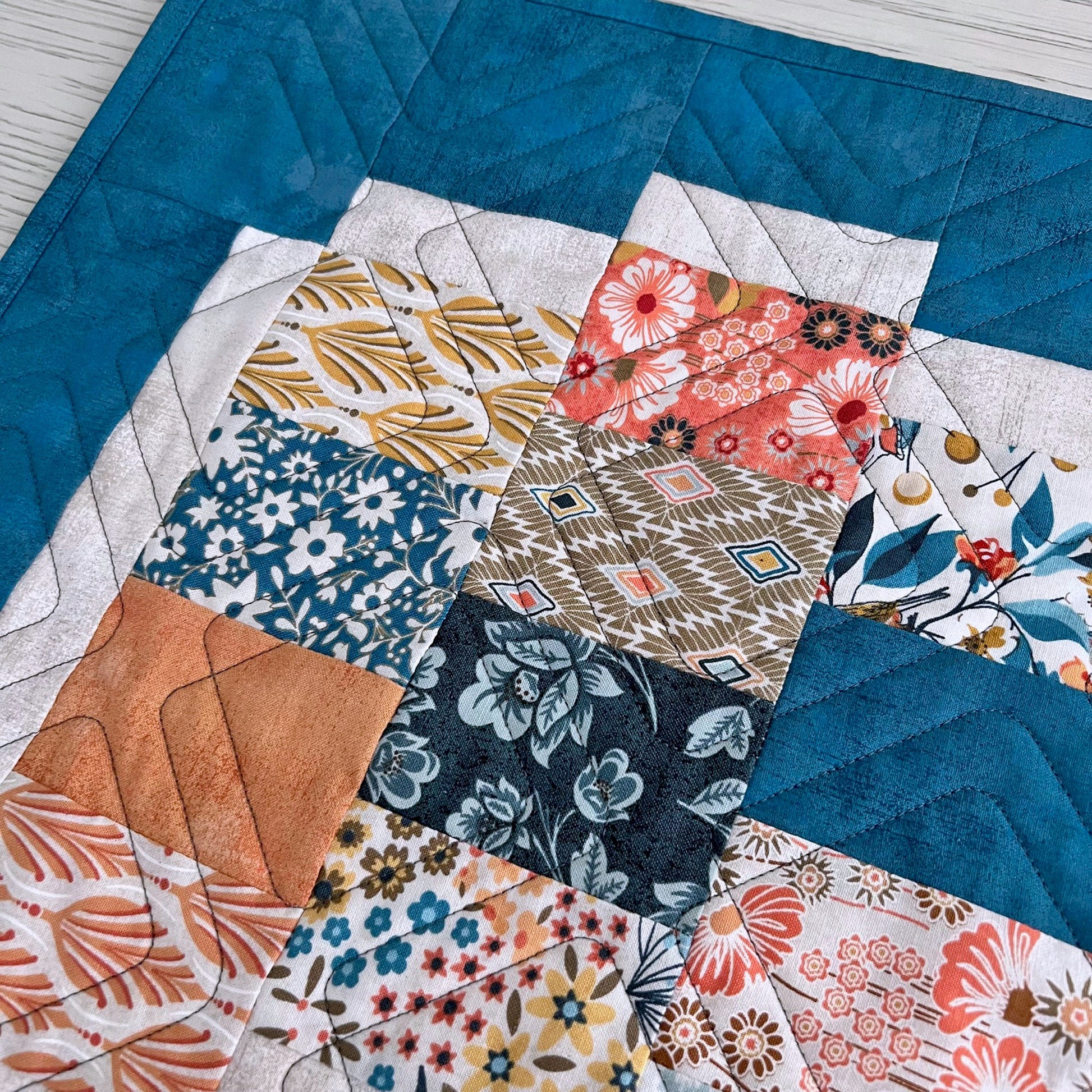 Modern Patchwork Blue Coral Quilted Table Runner, 15.25" x 36" Table Quilt, Blue Coral Gold Table Runner