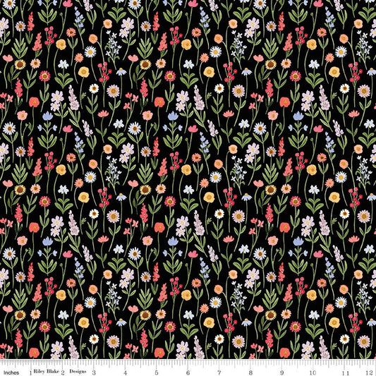 Flora No 6 - Stems Black Floral Fabric, Riley Blake C14462-Black, Multicolored Small Packed Flowers Cotton Fabric, Echo Park Paper Co