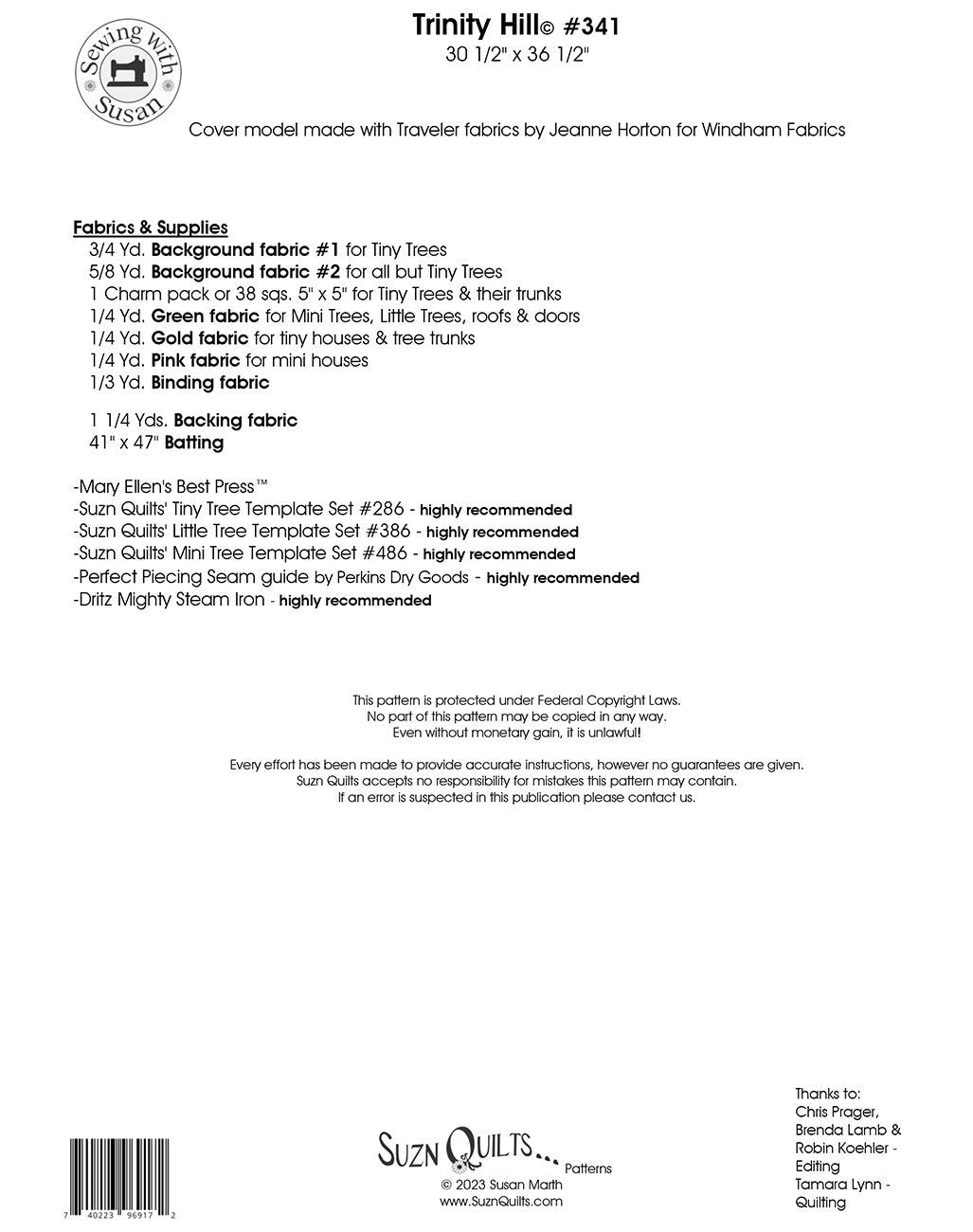 Trinity Hill Quilt Pattern, Suzn Quilts SUZ341, Charm Square Friendly Pine Trees Woodland Houses Throw Quilt Pattern