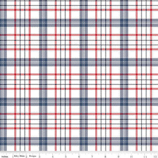 American Beauty - Patriotic Plaid on White Fabric, Riley Blake C14443-Navy, Patriotic Cotton Fabric, By the Yard