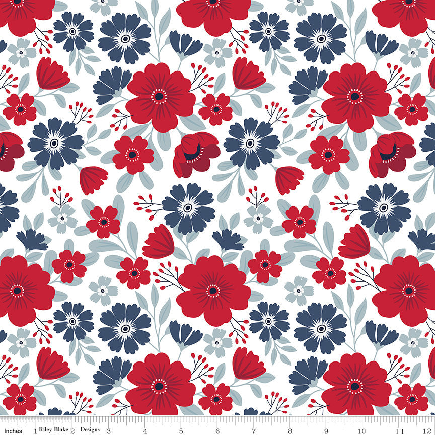 American Beauty 5" Stacker, Riley Blake 5-14440-42, Red White Blue Patriotic Floral 5-Inch Precut Fabric Squares